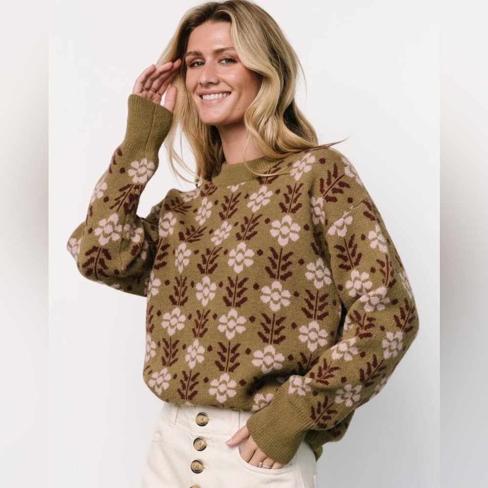 Flower Pattern Olive Sweater. - Picture 2 of 6